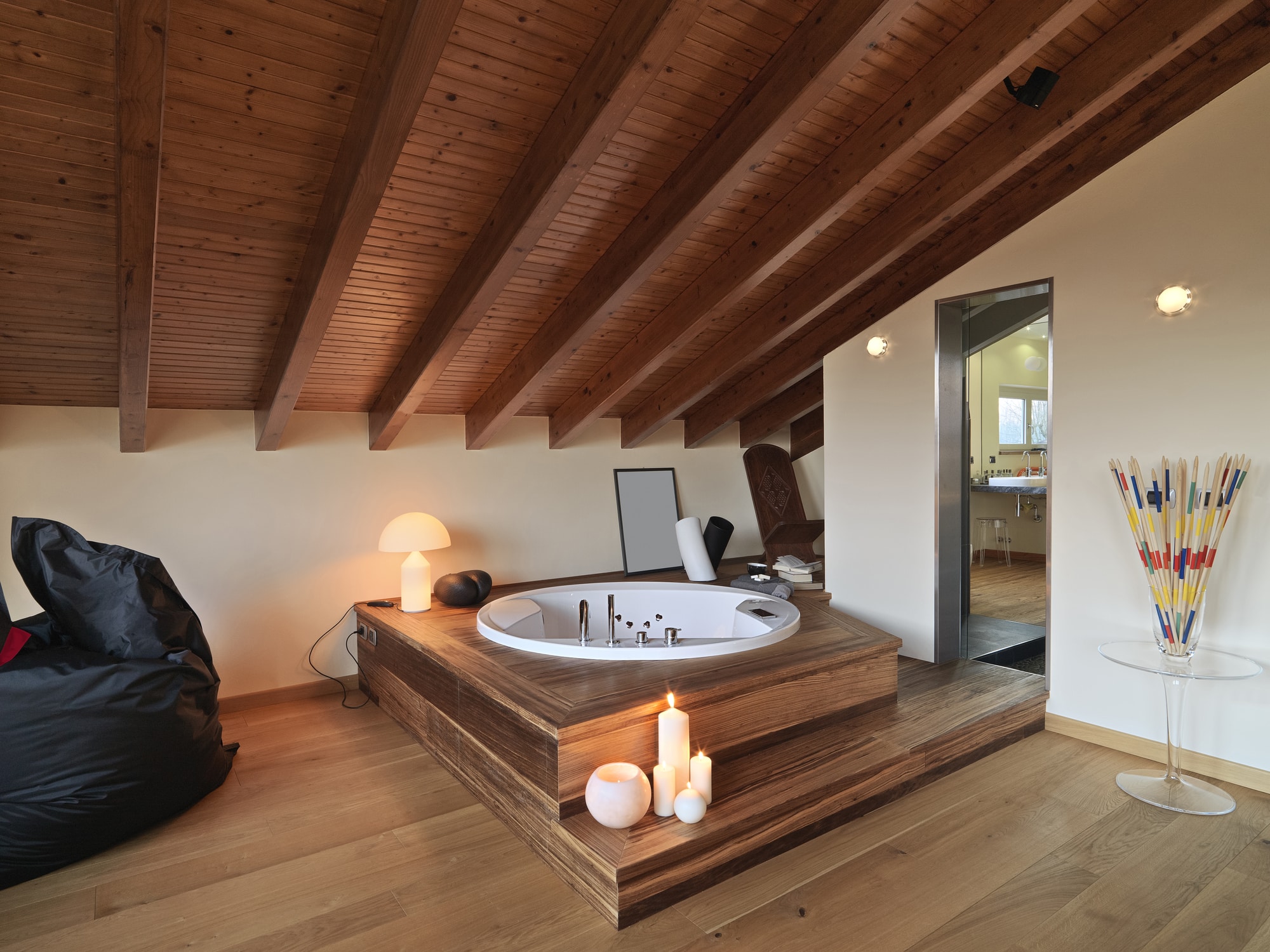 interiors shots of a modern bathroom in the attic room in the fo