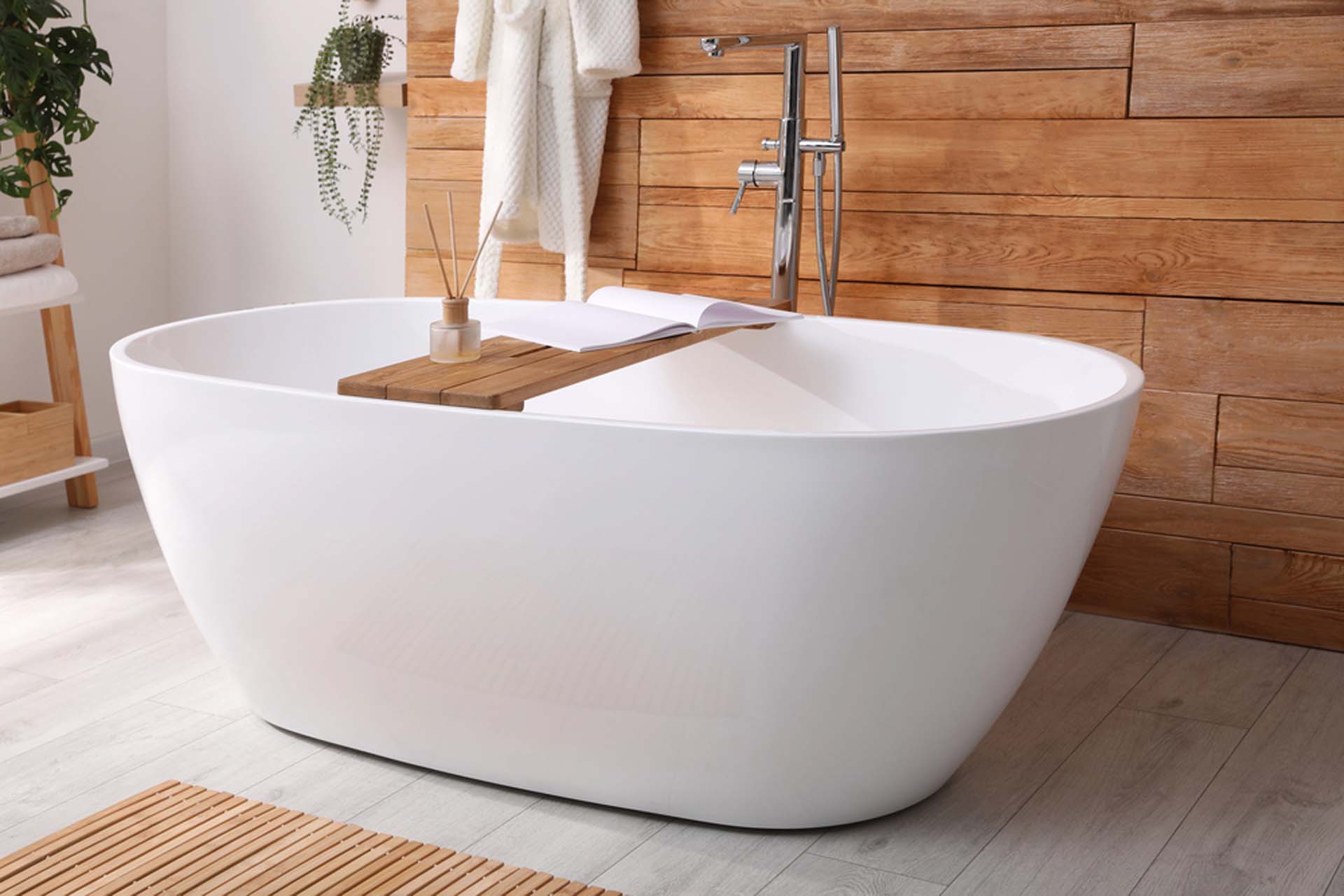 Freestanding bathtub in a modern New Orleans bathroom